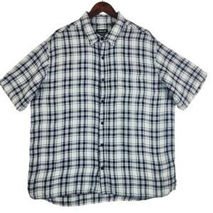 Orvis Short Sleeve Casual Button Down Shirt Men XL Blue White Plaid LinenTencel
